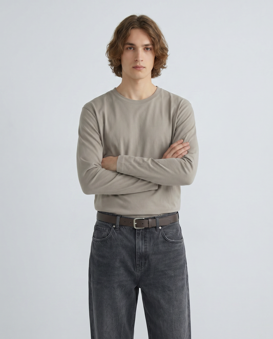 T-shirt slim fit a coste girocollo - Grigio stone