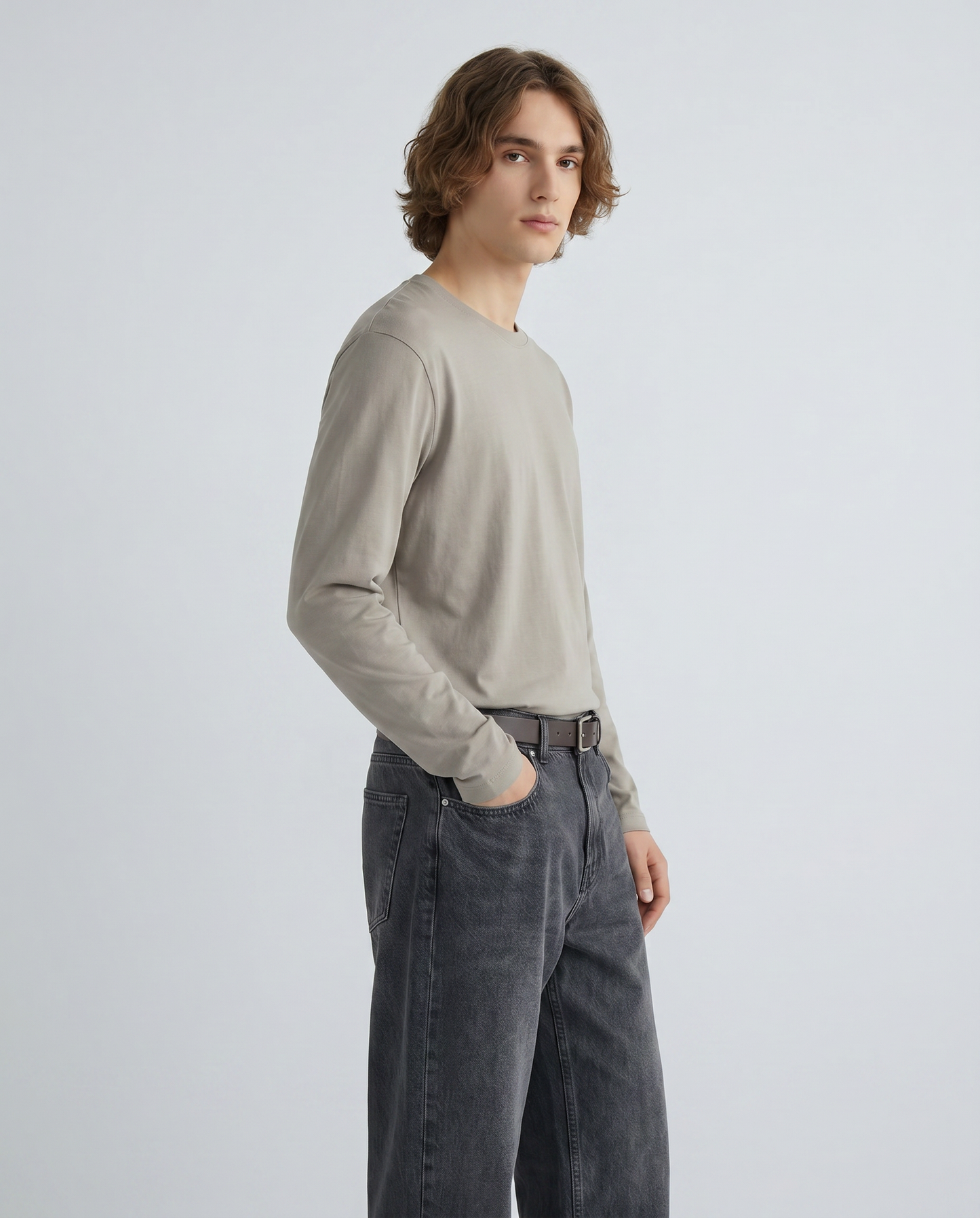 T-shirt slim fit a coste girocollo - Grigio stone