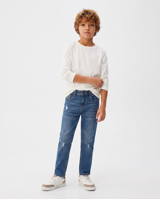 Jeans 5 tasche con rotture e patch - Denim