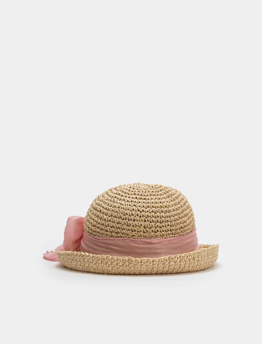 Cappello bambina con fiocco pizzo sangallo - Rosa