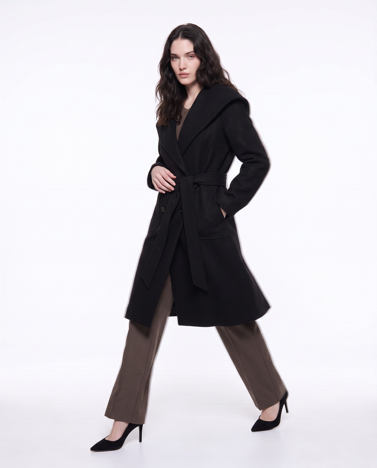 Basic coat with hood and belt - Black