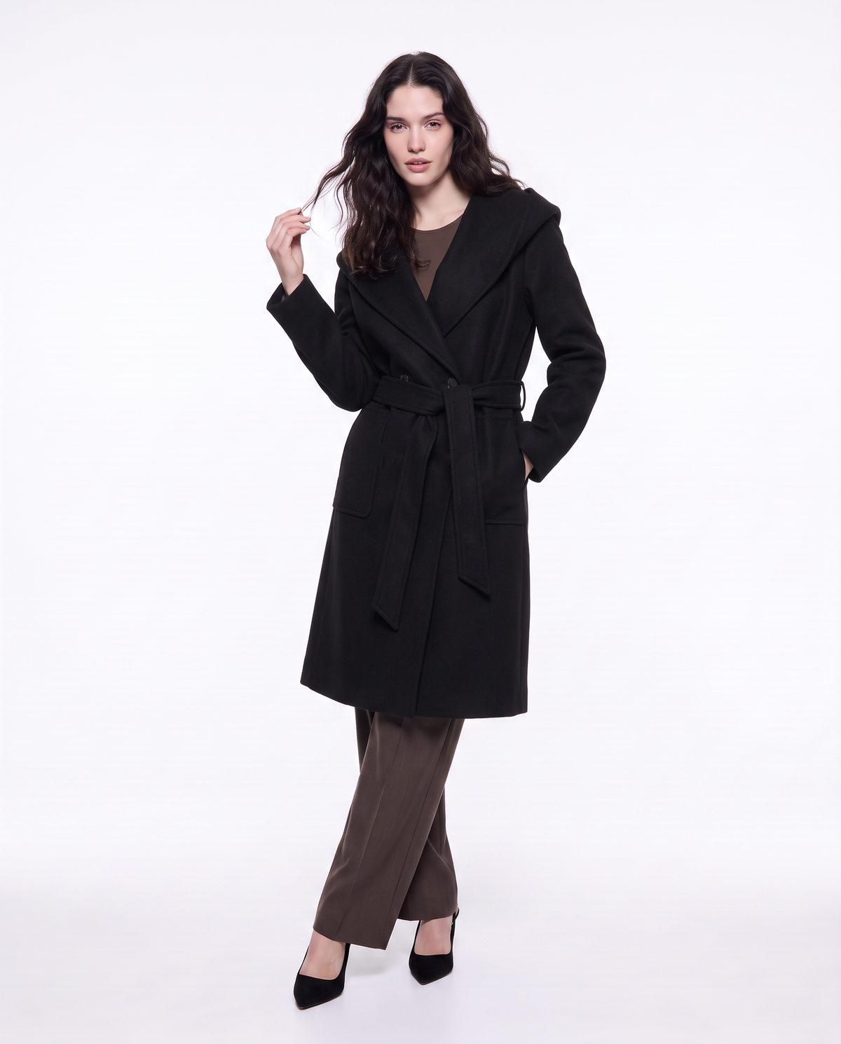 Basic coat with hood and belt - Black