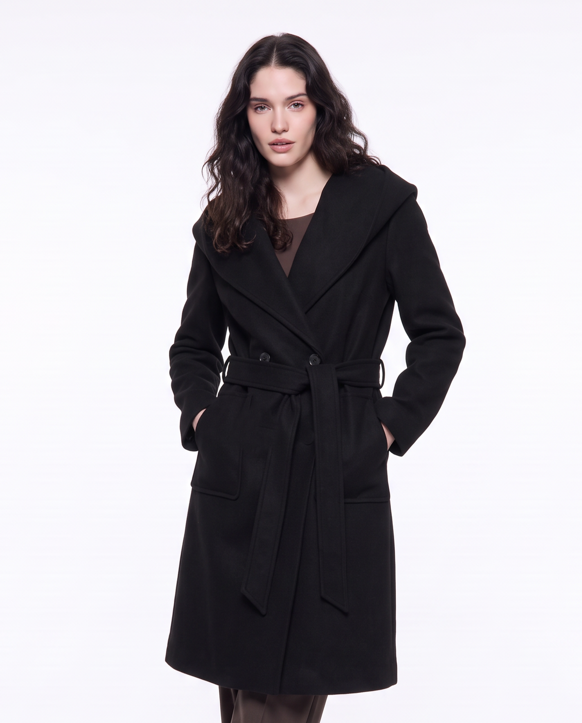 Basic coat with hood and belt - Black