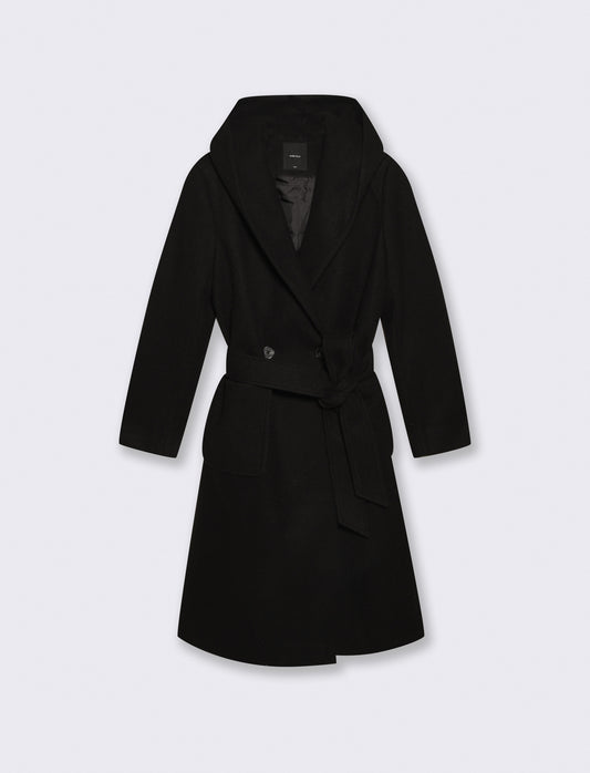 Cappotto basico con cappuccio e cinta - Nero