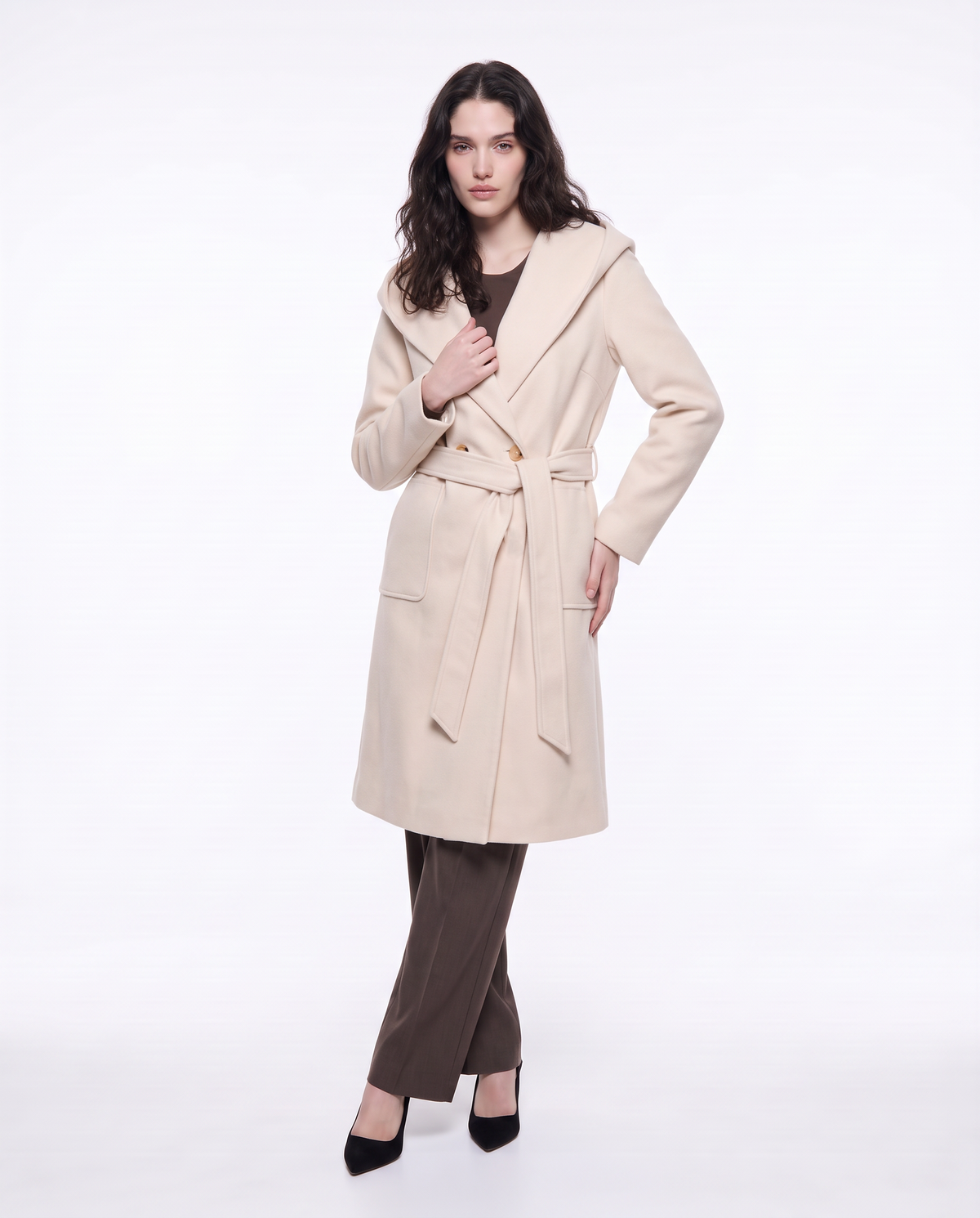 Basic coat with hood and belt - Beige