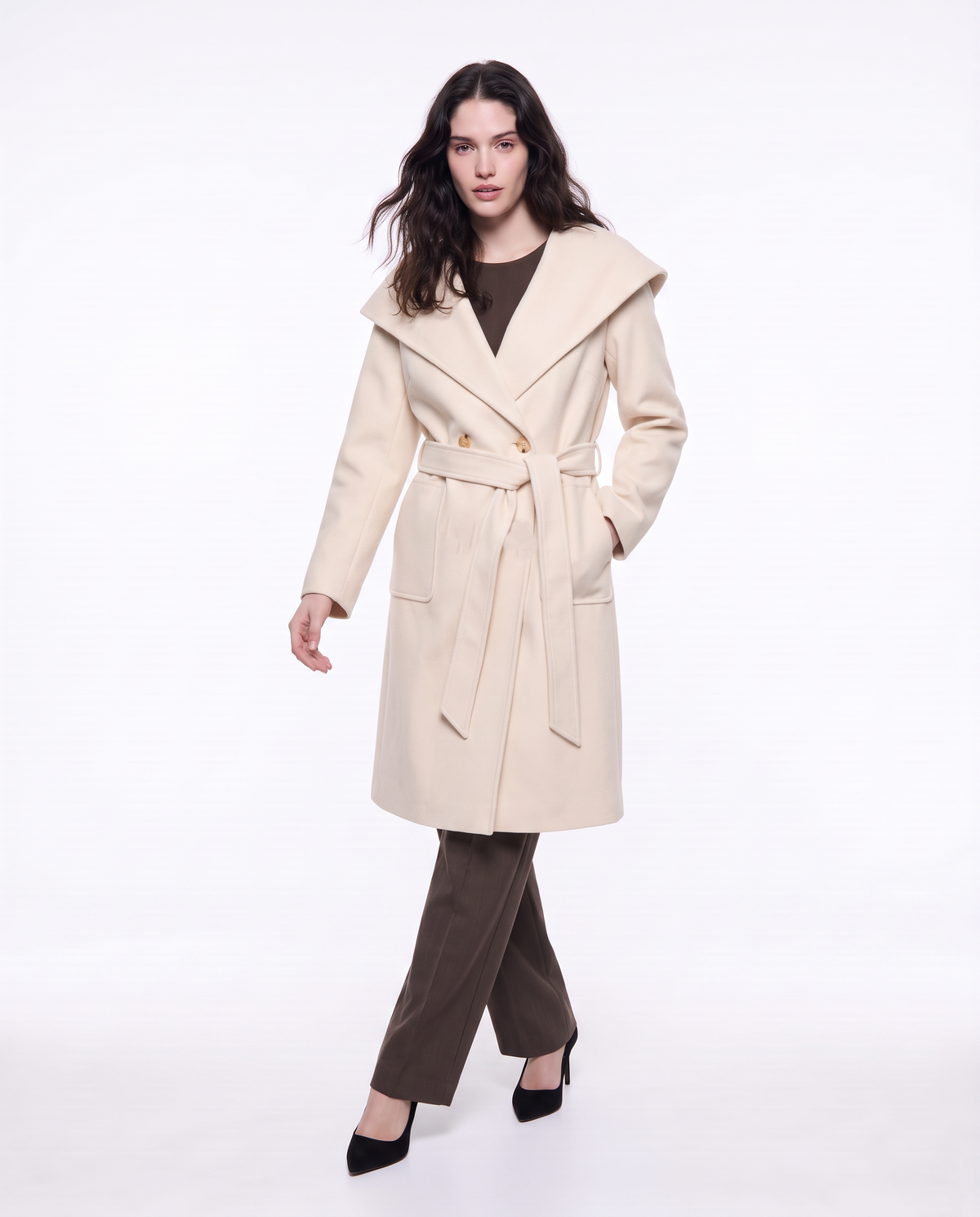 Basic coat with hood and belt - Beige