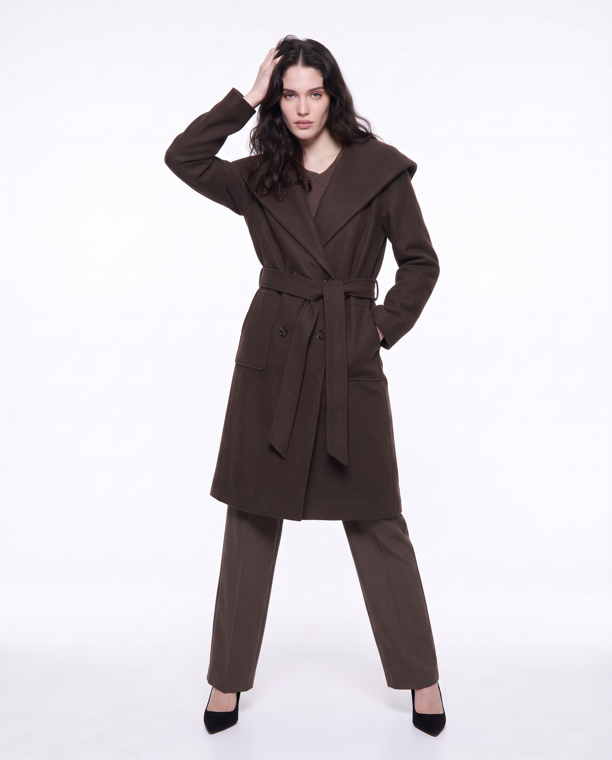 Basic coat with hood and belt - Brown