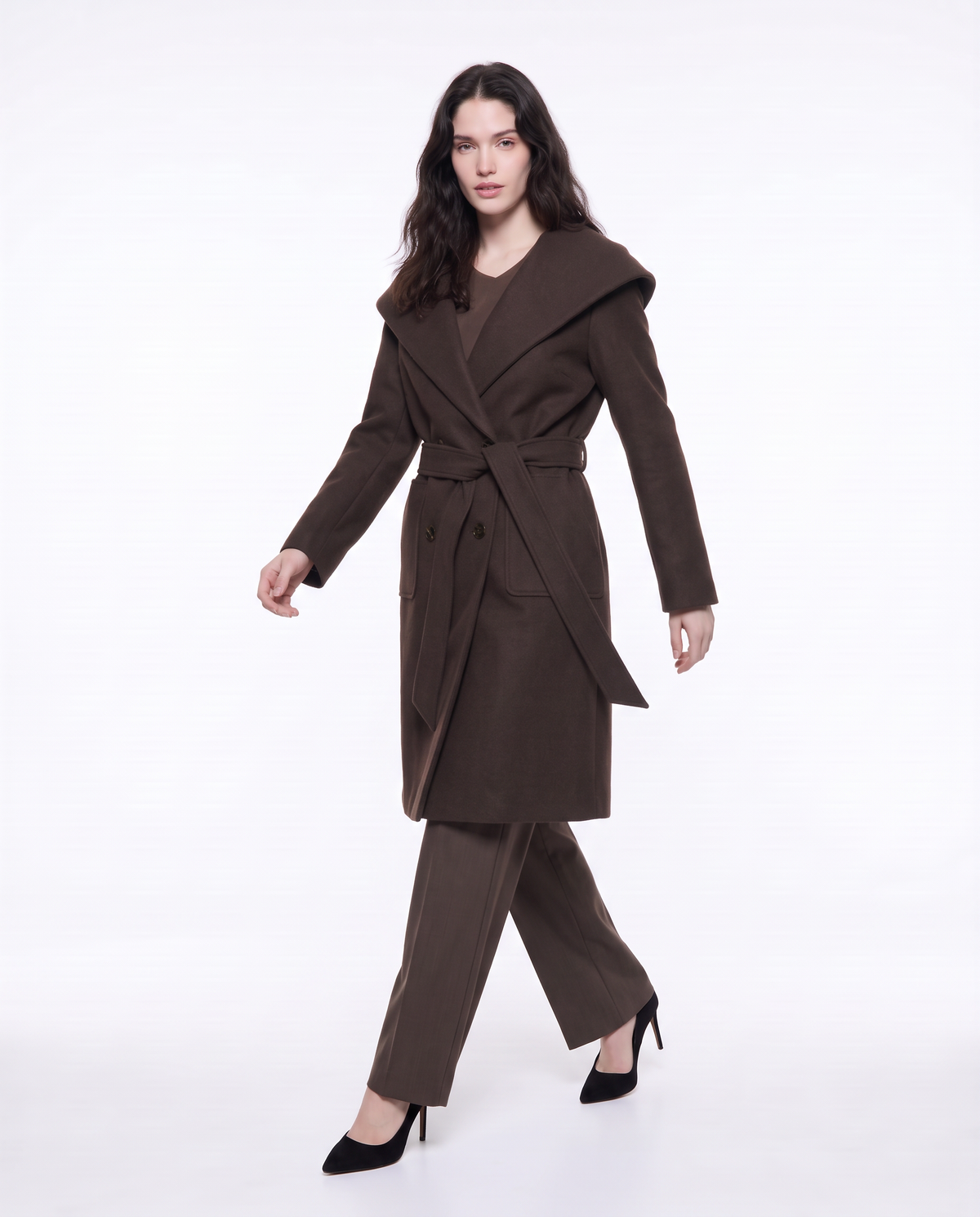 Basic coat with hood and belt - Brown
