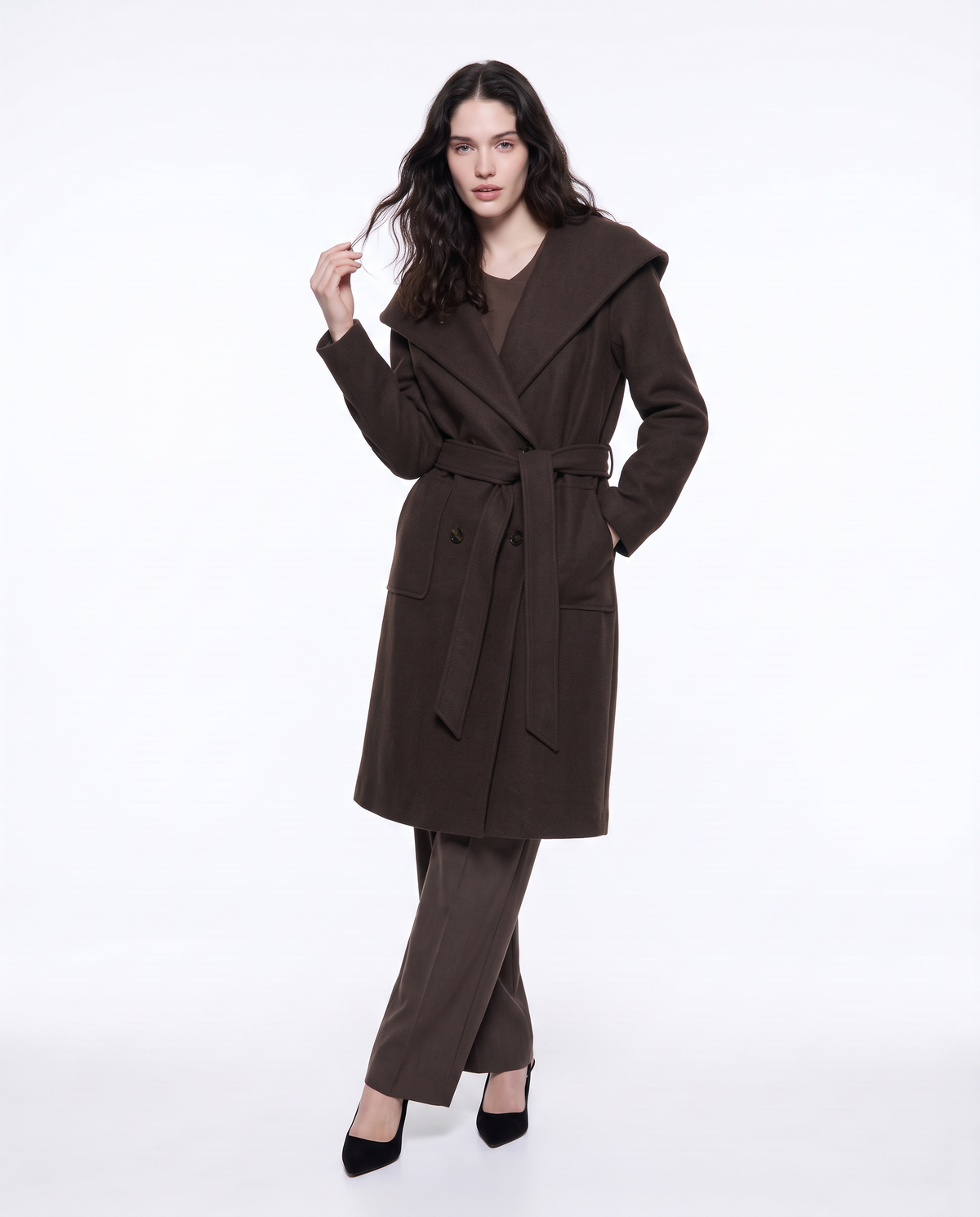 Basic coat with hood and belt - Brown