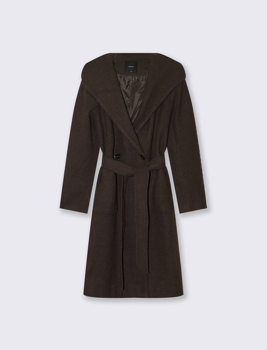 Cappotto basico con cappuccio e cinta - Moro