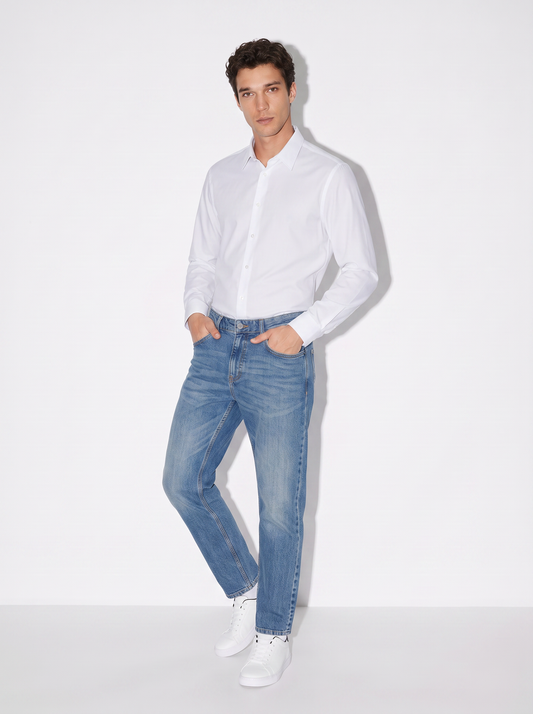 Camicia Regular Fit in Tessuto Tecnico - Bianco