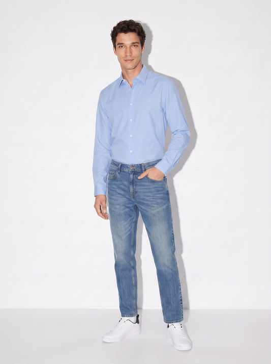 Camicia Regular Fit in Tessuto Tecnico - Celeste
