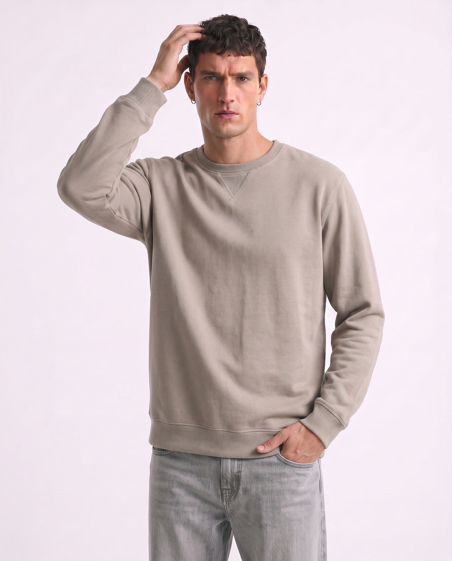 Basic crew neck sweatshirt in cotton blend - Beige