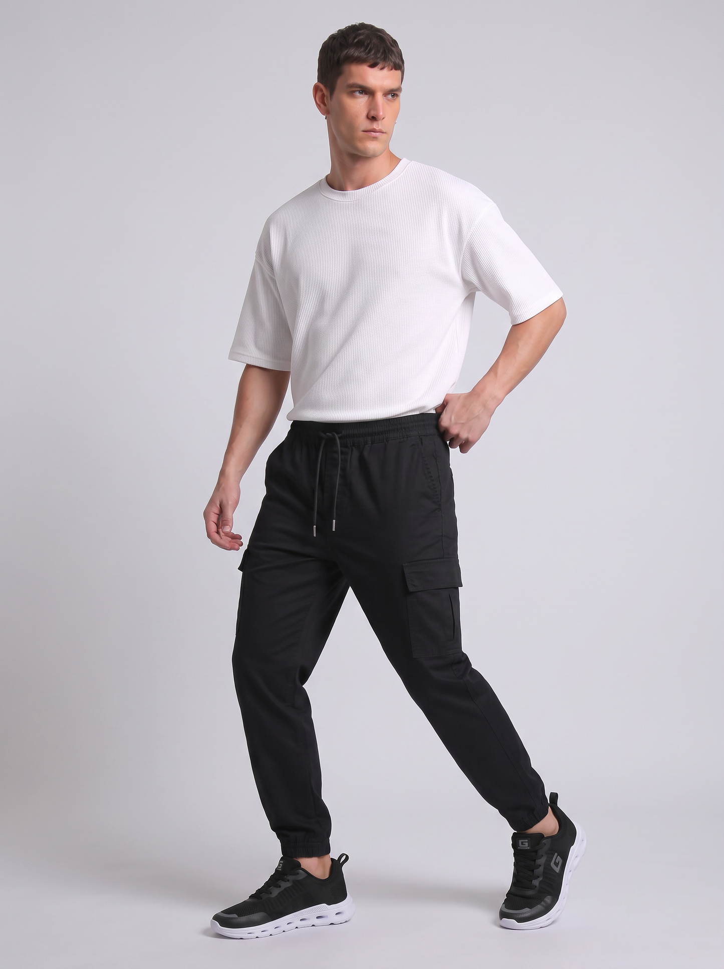 Pantaloni Cargo Fit in Cotone Elasticizzato - Nero