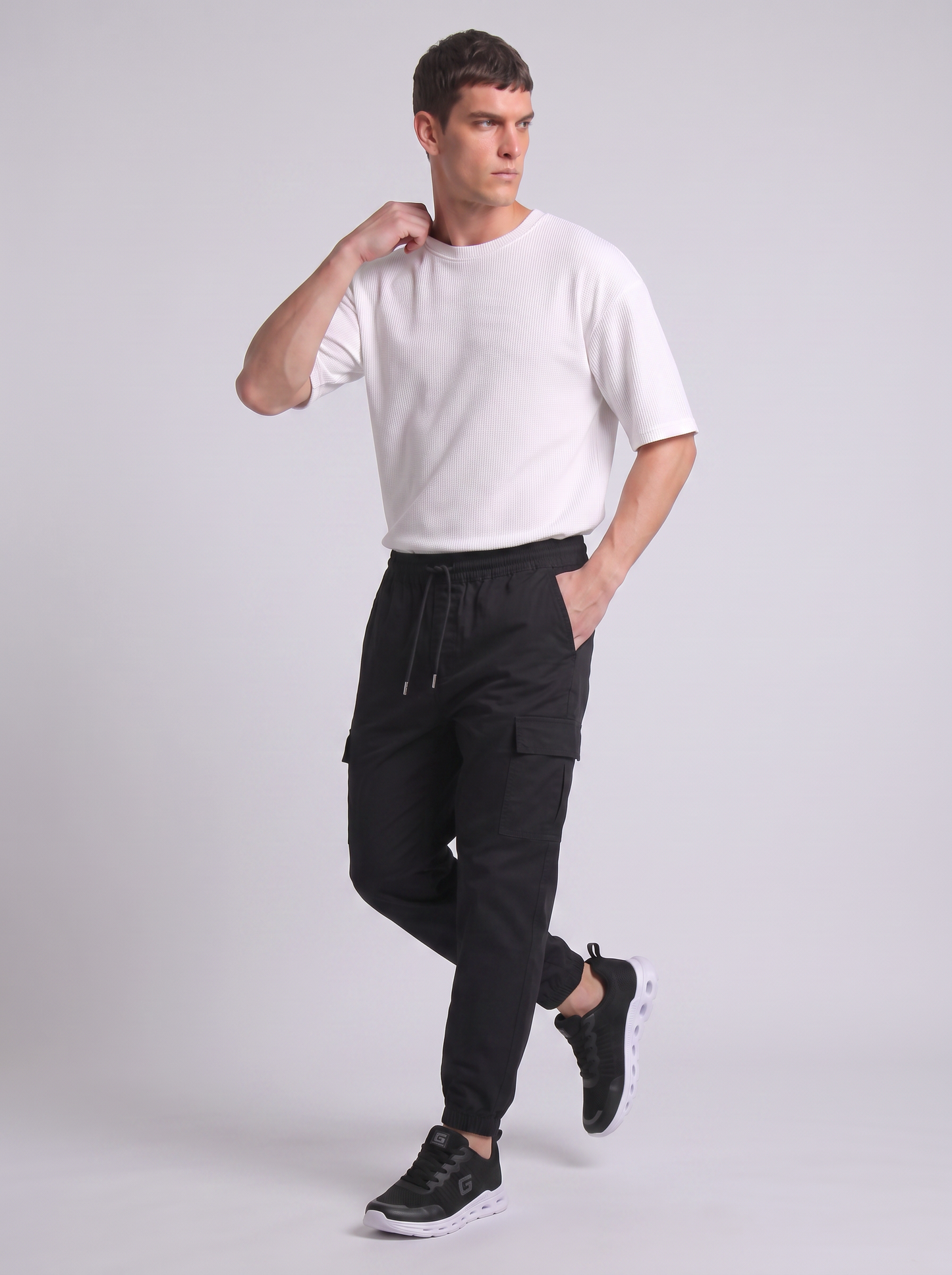 Pantaloni Cargo Fit in Cotone Elasticizzato - Nero
