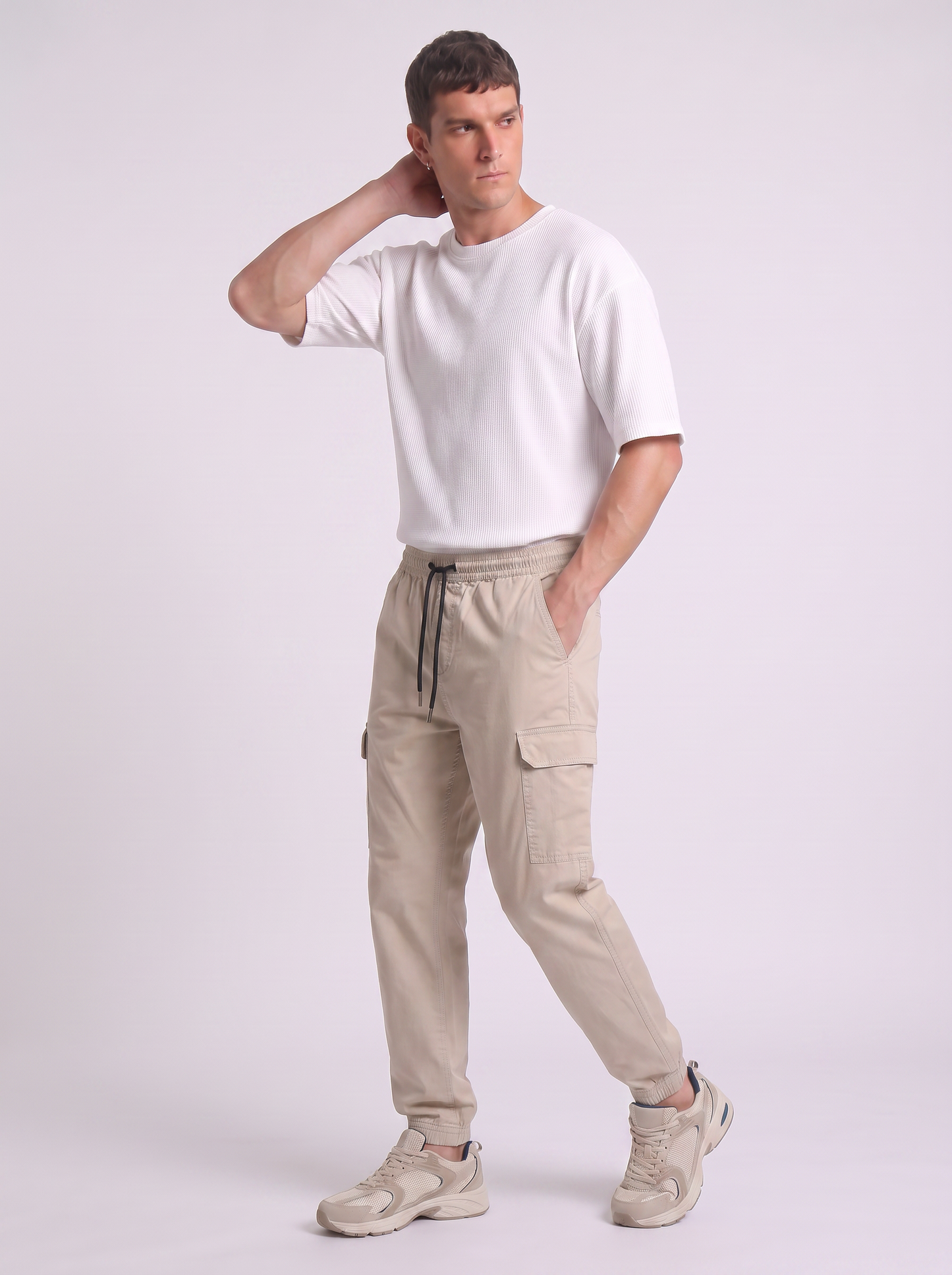Cargo Fit Stretch Cotton Pants - Beige