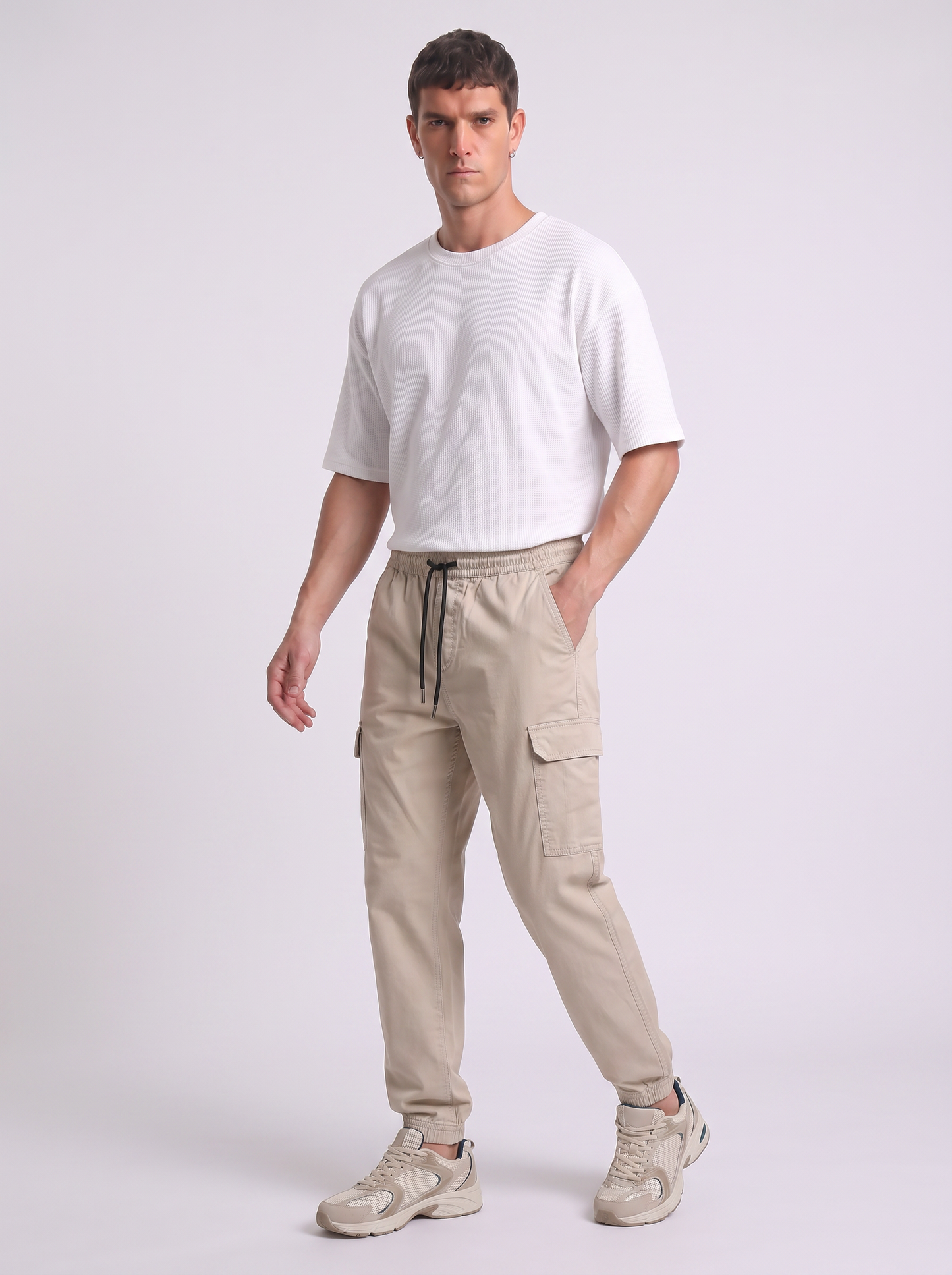 Cargo Fit Stretch Cotton Pants - Beige