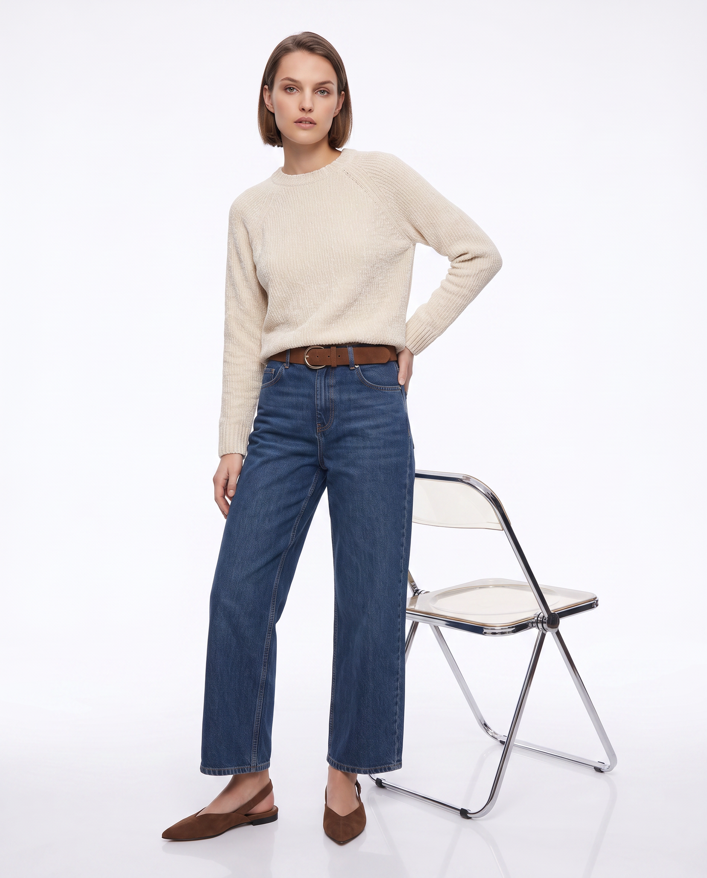 Pullover girocollo in ciniglia basic - Avorio