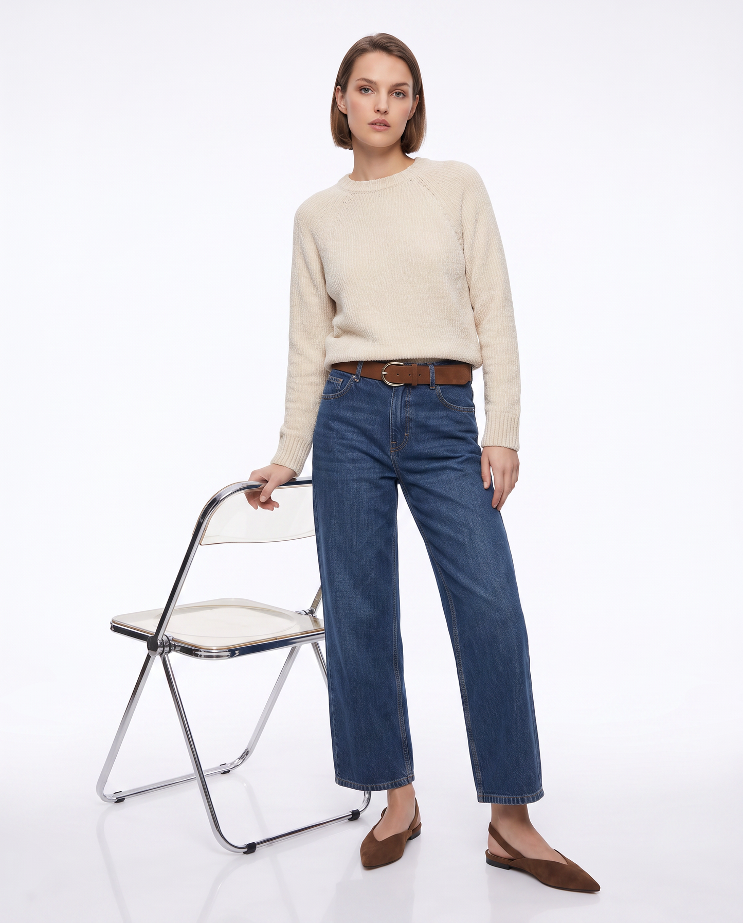 Pullover girocollo in ciniglia basic - Avorio