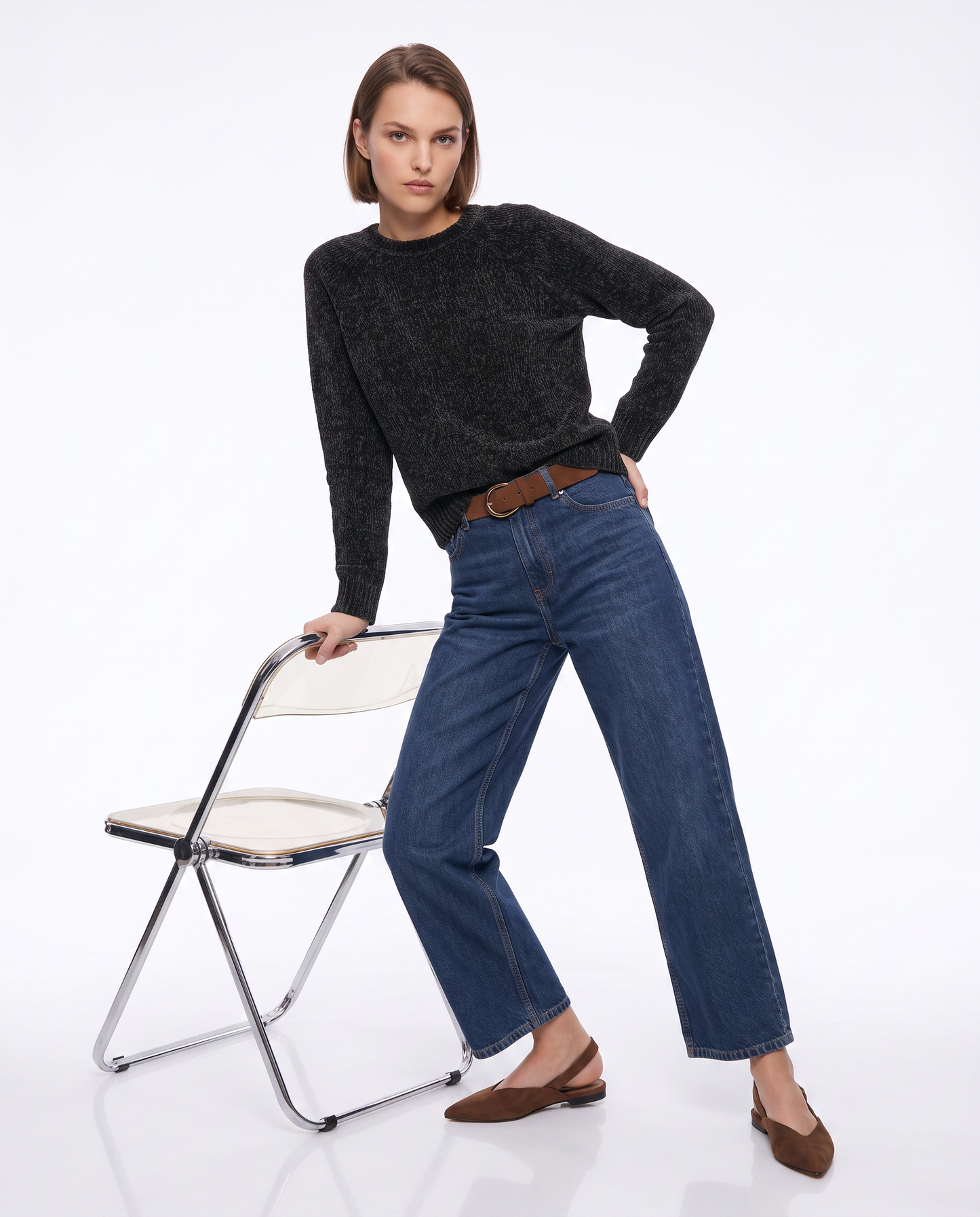Basic velvet crew neck pullover - Black