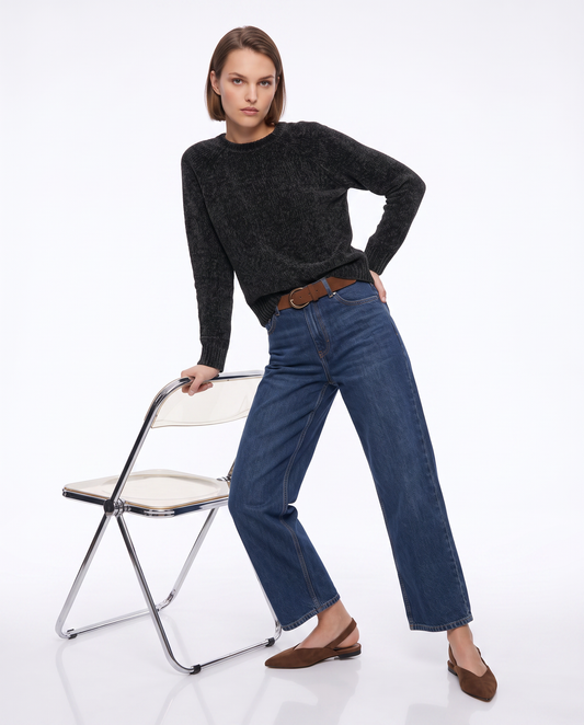 Basic velvet crew neck pullover - Black