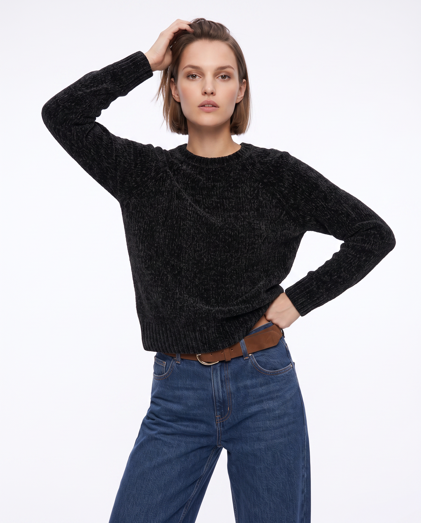 Basic velvet crew neck pullover - Black