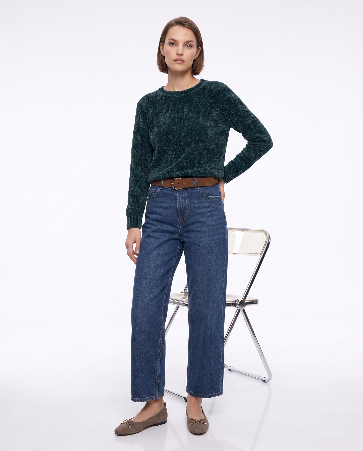 Pullover girocollo in ciniglia basic - Verde petrolio