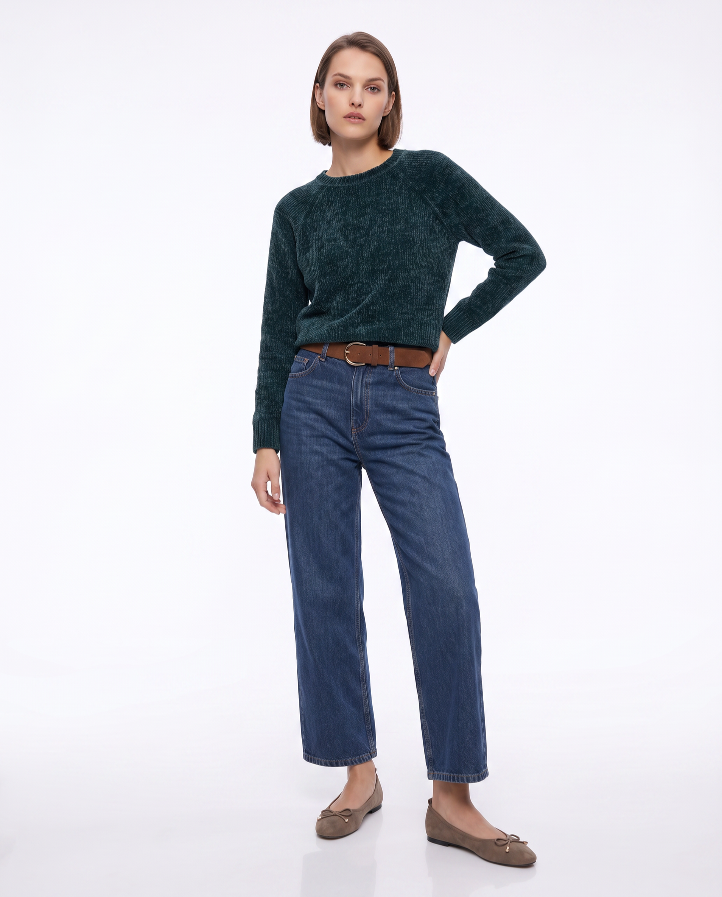 Pullover girocollo in ciniglia basic - Verde petrolio