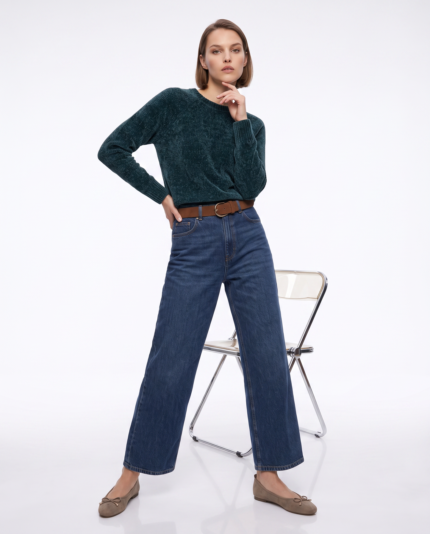Pullover girocollo in ciniglia basic - Verde petrolio