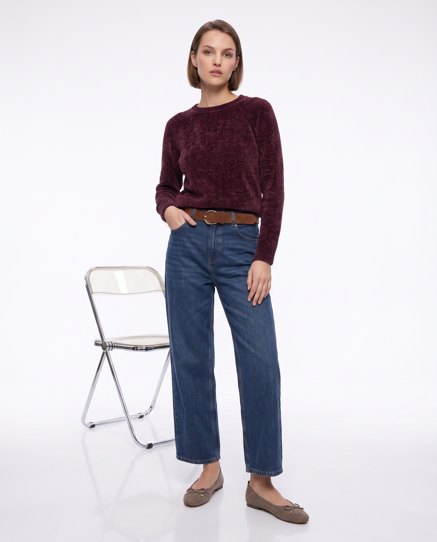 Pullover girocollo in ciniglia basic - Rosso rubino