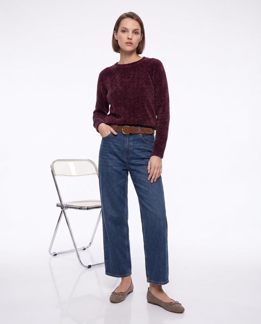 Basic velvet crew neck pullover - Red