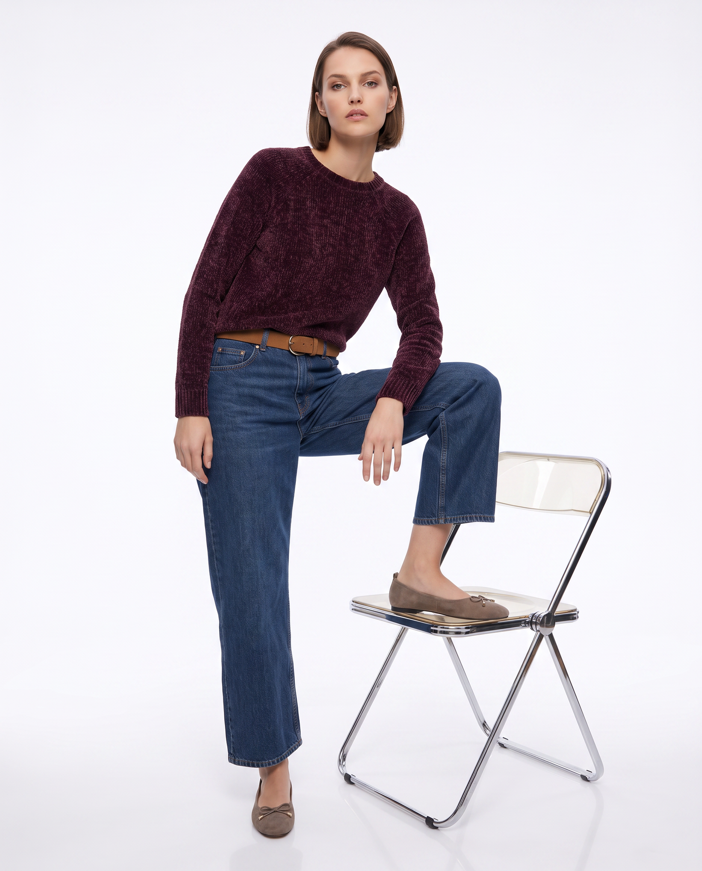 Pullover girocollo in ciniglia basic - Rosso rubino