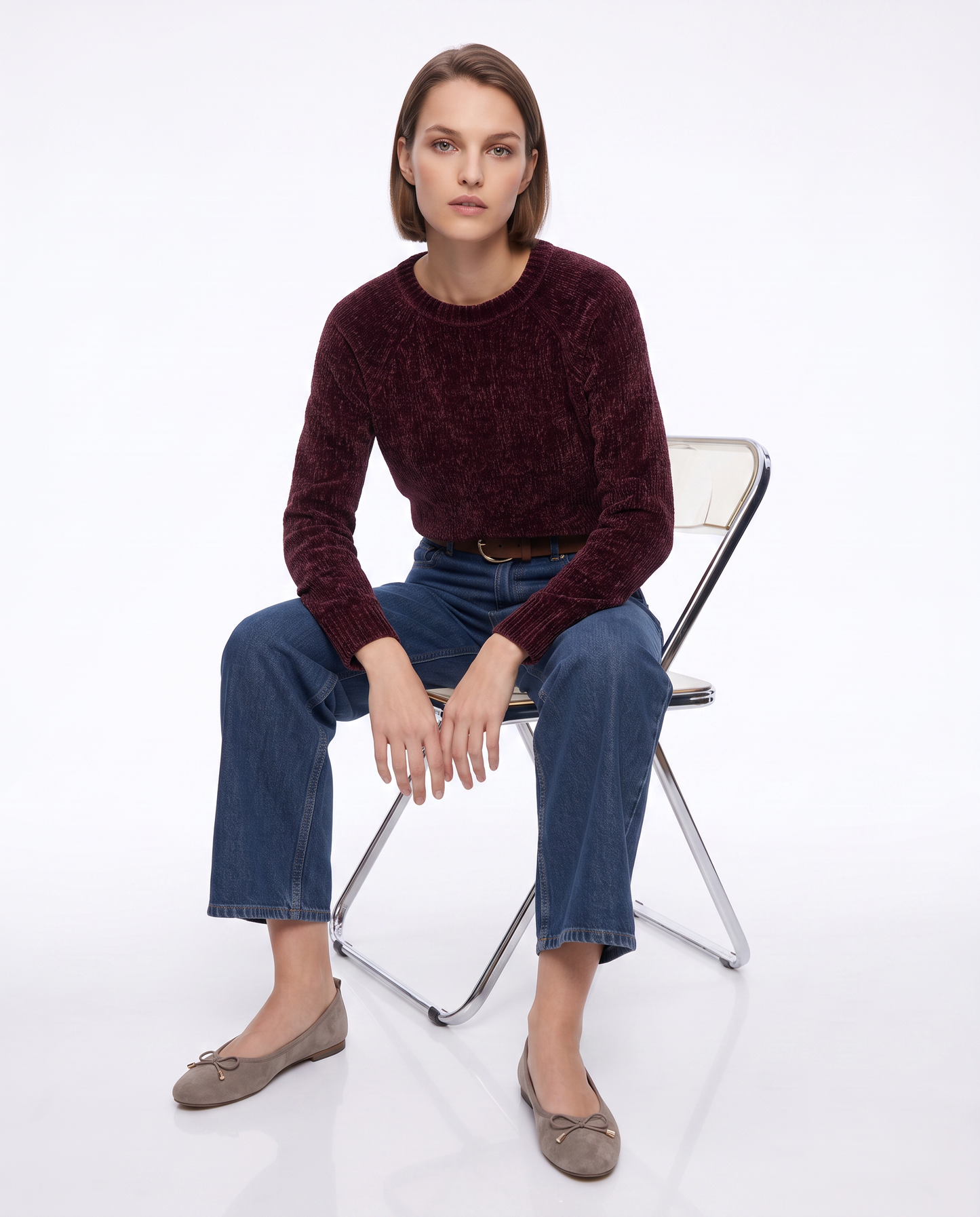 Pullover girocollo in ciniglia basic - Rosso rubino