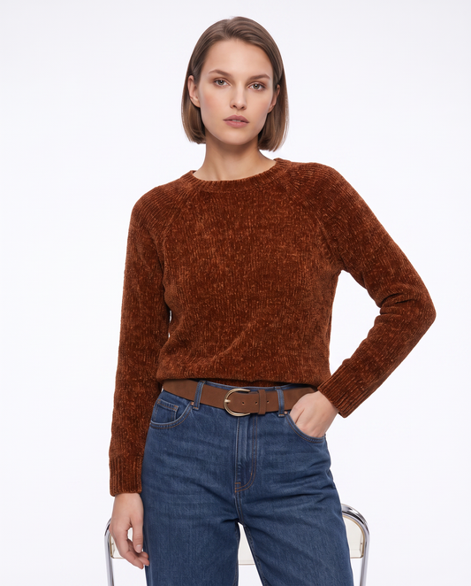 Basic velvet crew neck pullover - Brown