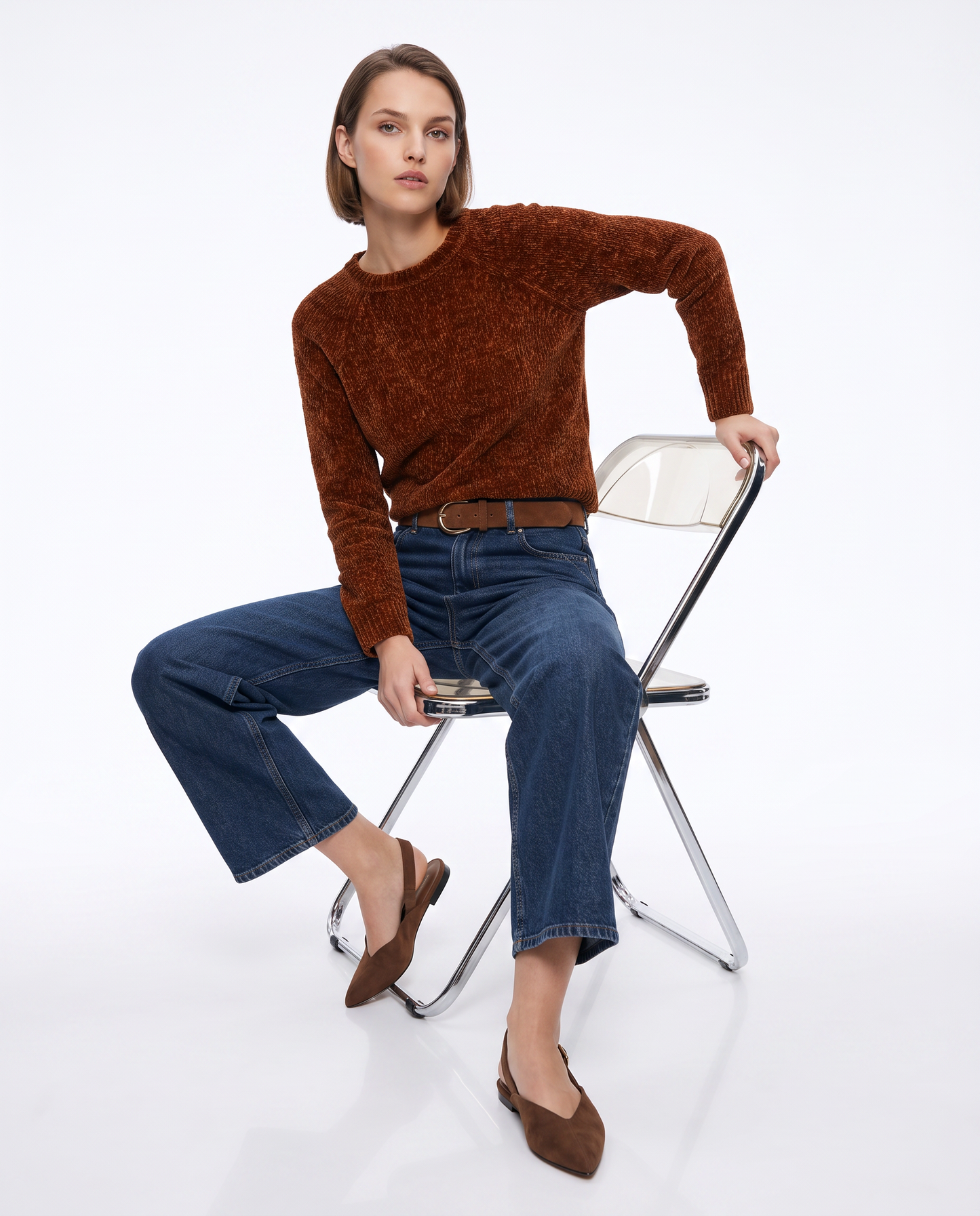 Pullover girocollo in ciniglia basic - Marrone bruciato