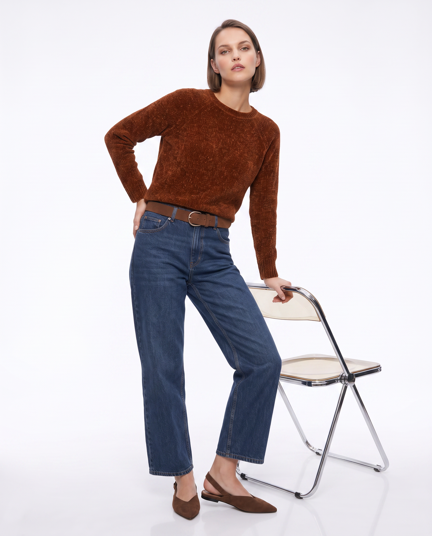 Pullover girocollo in ciniglia basic - Marrone bruciato