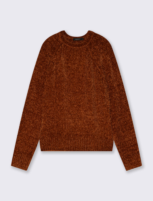 Pullover girocollo in ciniglia basic - Marrone bruciato