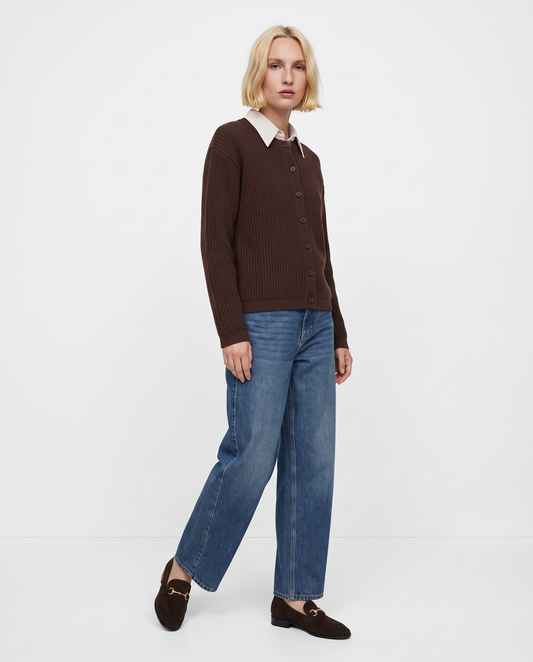 Elegant round neck cardigan - Brown