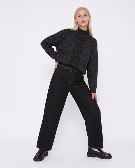 Pullover mezzo collo con treccia centrale - Nero