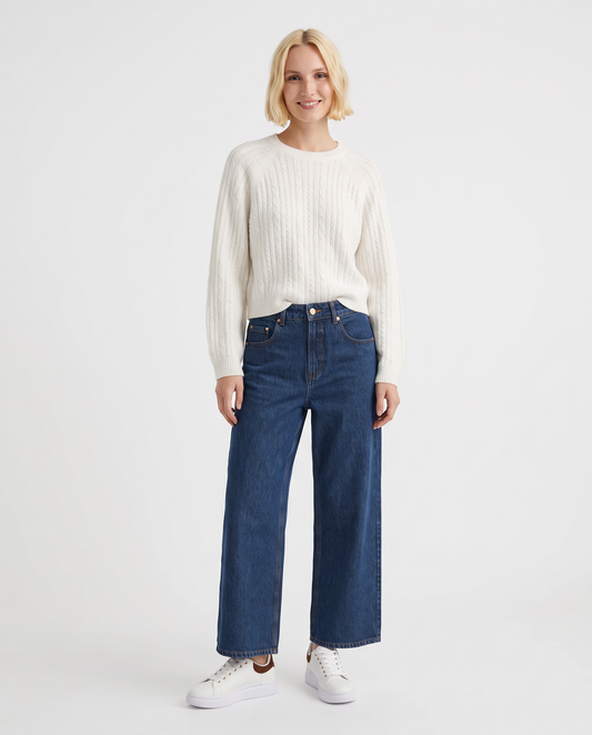 Pullover girocollo con trecce e manica raglan - Bianco latte
