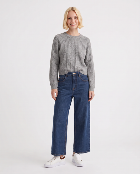 Pullover girocollo con trecce e manica raglan - Grigio mel.