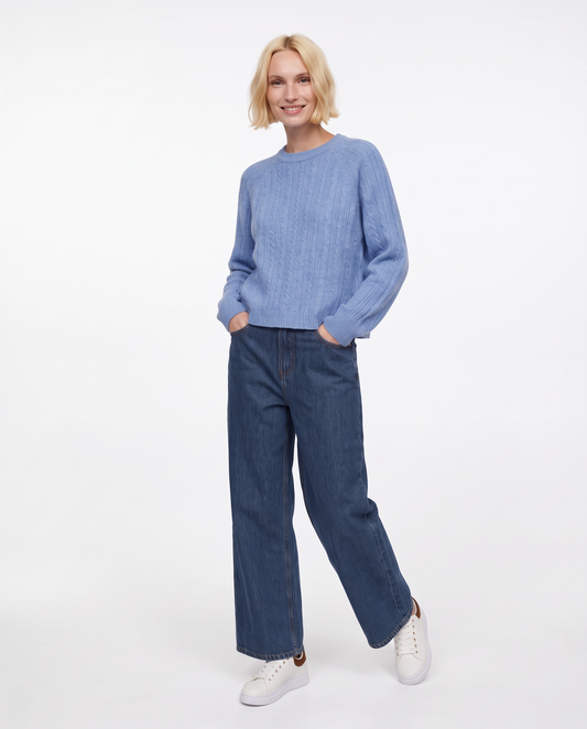Pullover girocollo con trecce e manica raglan - Celeste melange