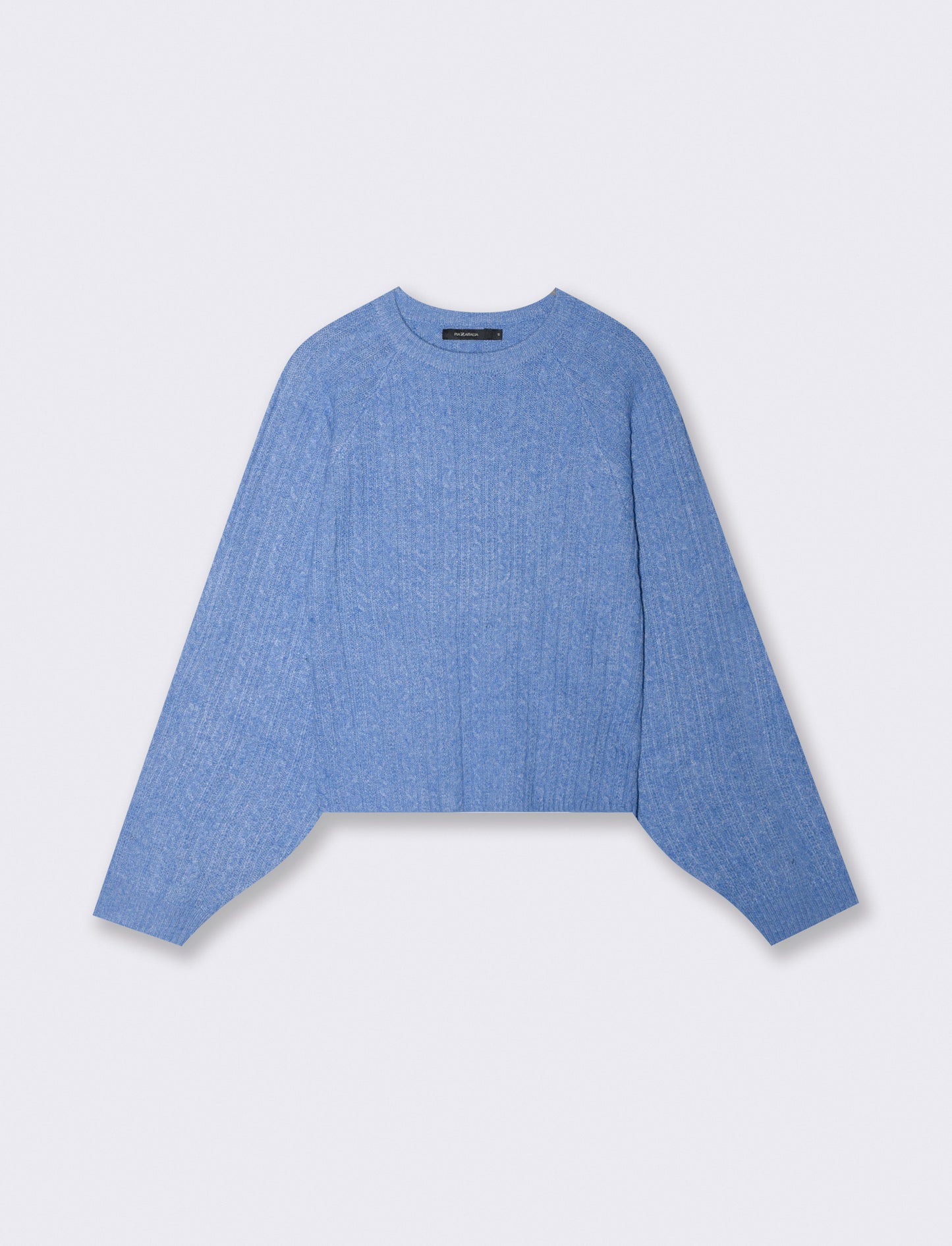 Pullover girocollo con trecce e manica raglan - Celeste melange