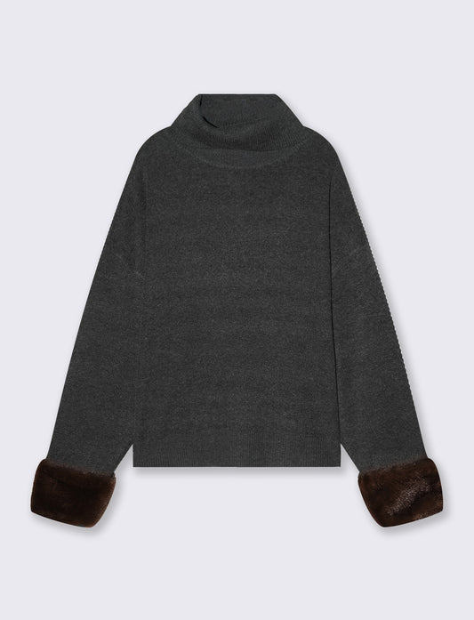High Neck Pullover with Fur Cuffs - Grey