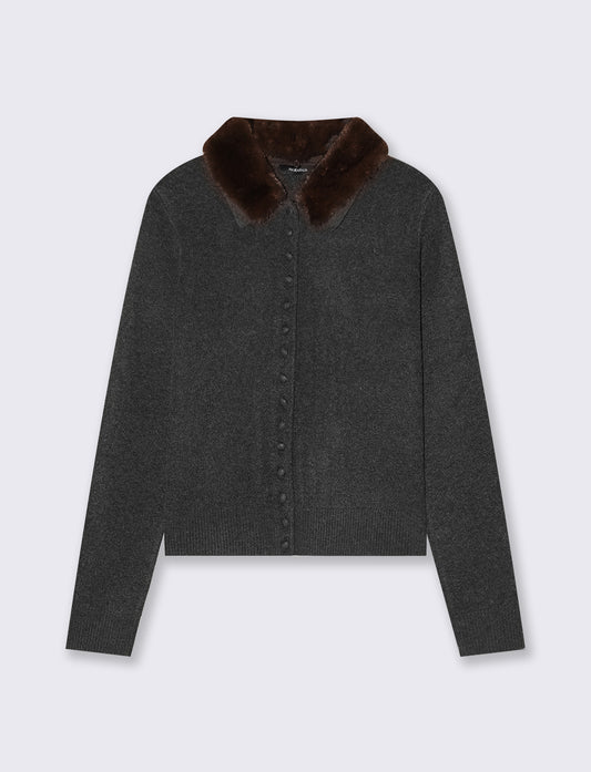 Cardigan con pelliccia e dettagli a costine - Grigio scuro
