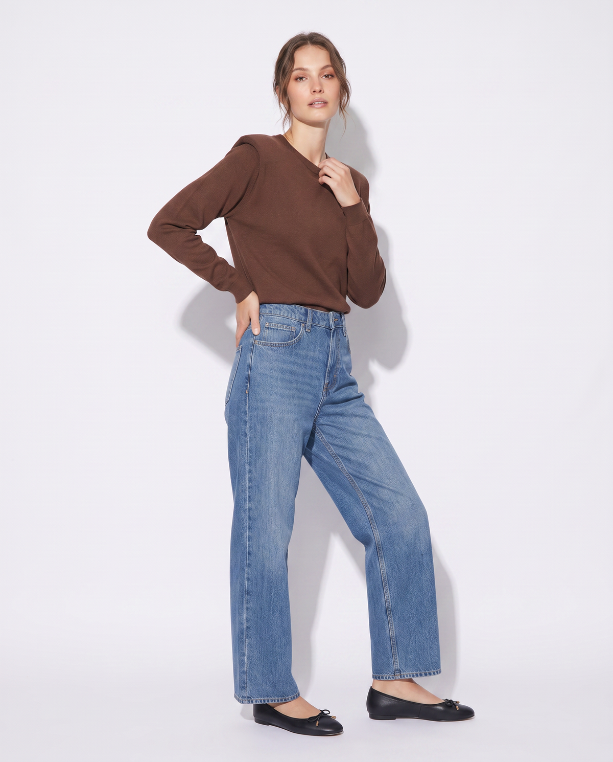 Pullover girocollo con spalline regolari - Marrone cioccolato