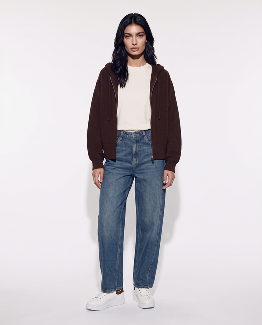 Pullover con zip e cappuccio pratico - Moro