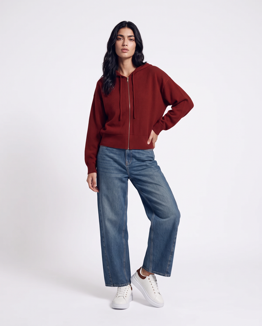 Pullover con zip e cappuccio pratico - Bordeaux