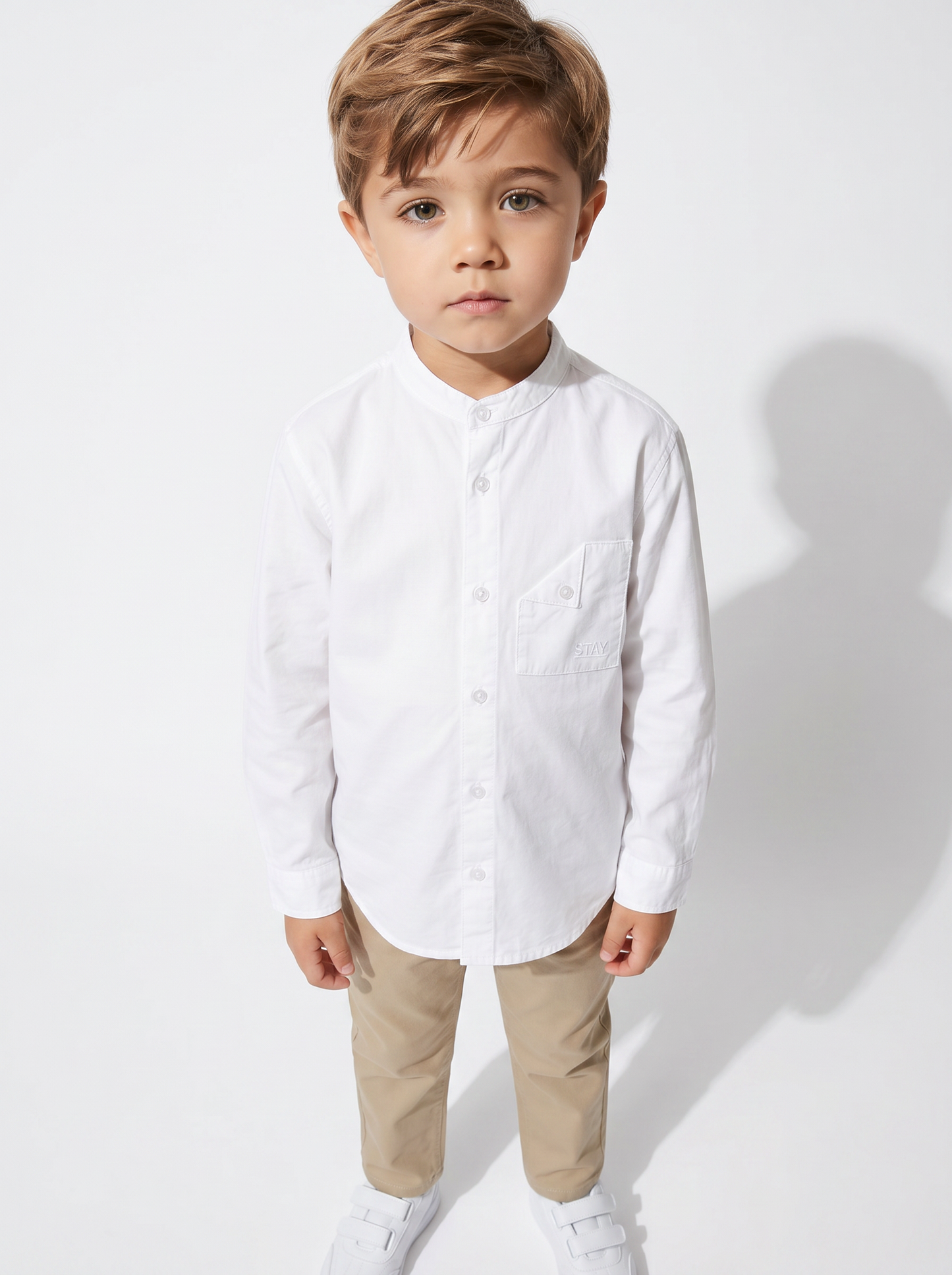 Camicia collo coreano maniche lunghe casual - Bianco latte