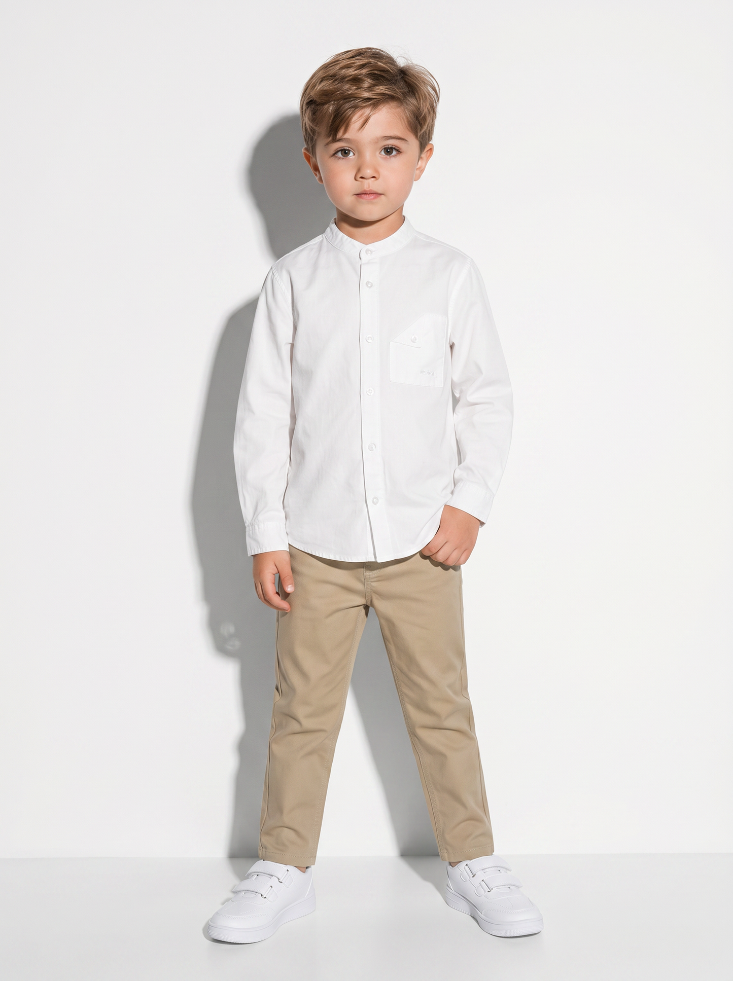 Camicia collo coreano maniche lunghe casual - Bianco latte